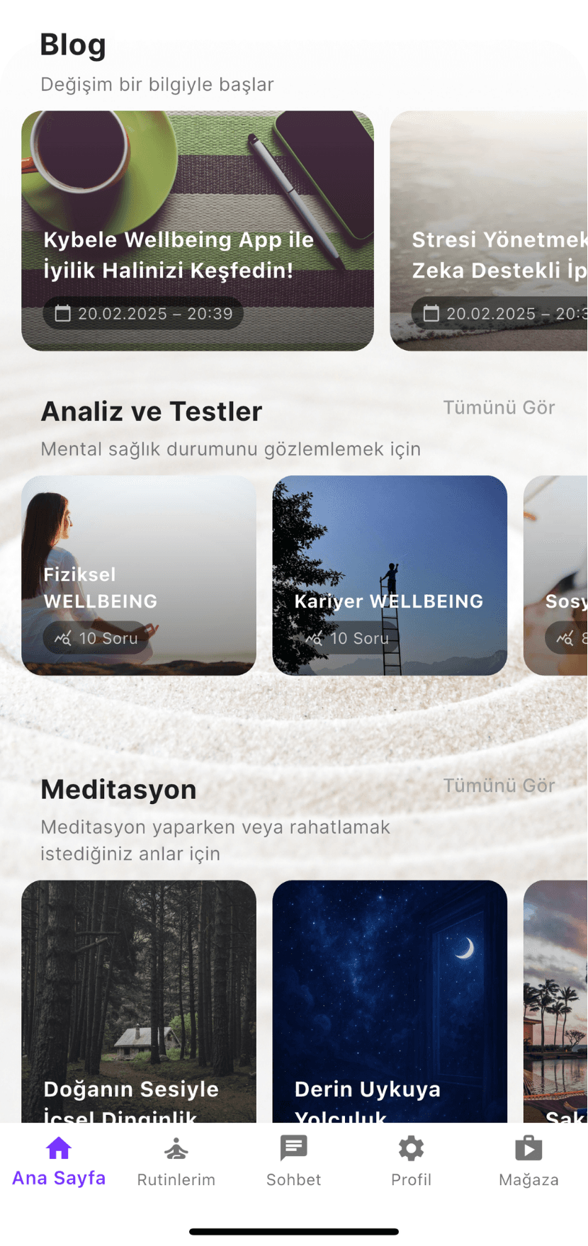 Kybele Wellbeing App içindeki Blog, Analiz ve Testler, Meditasyon bölümleri